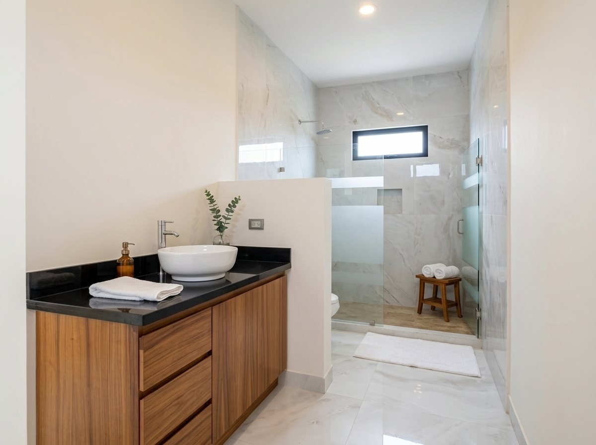 Bathroom with walk-in glass shower