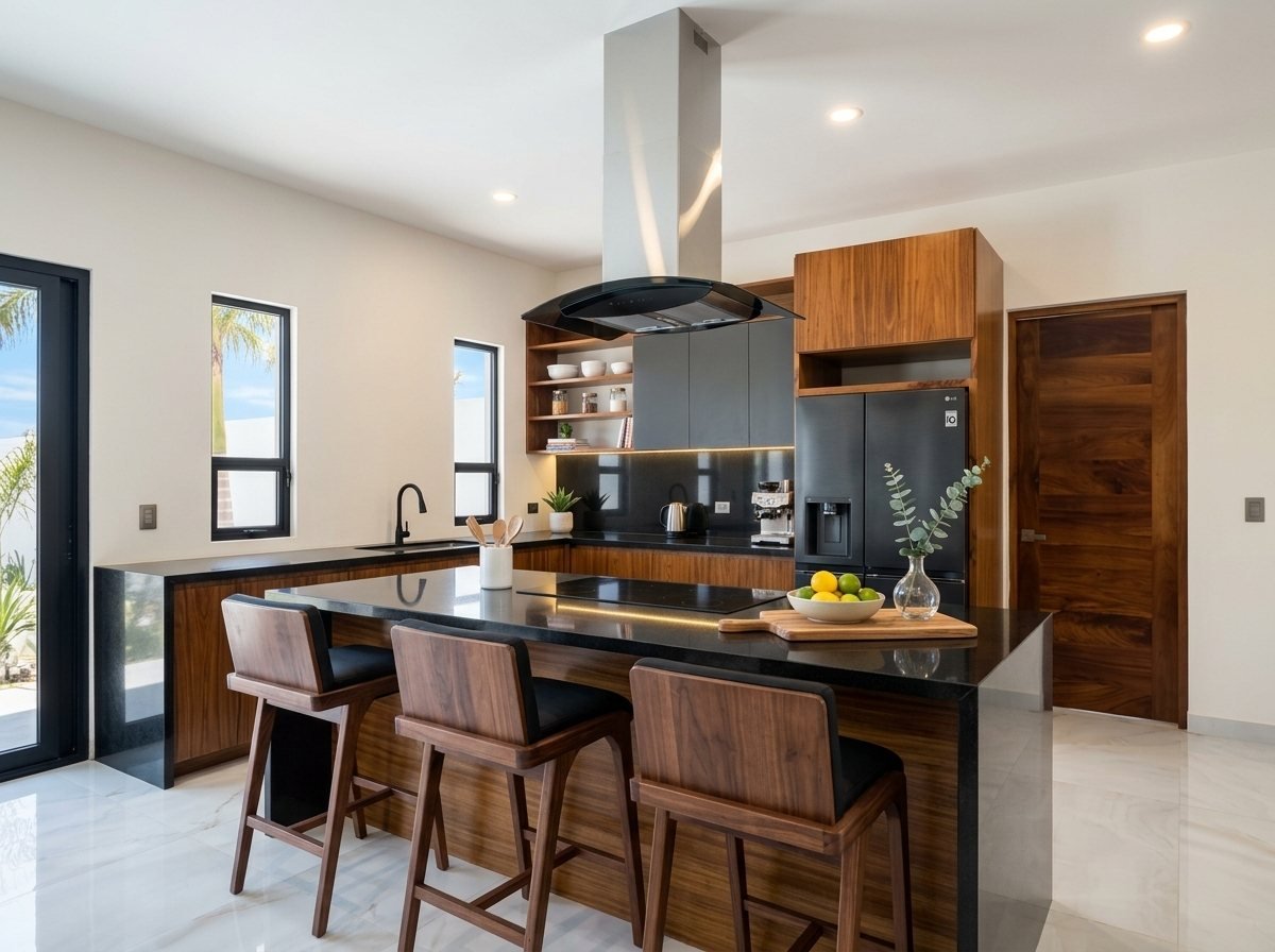 Walnut kitchen with black granite island