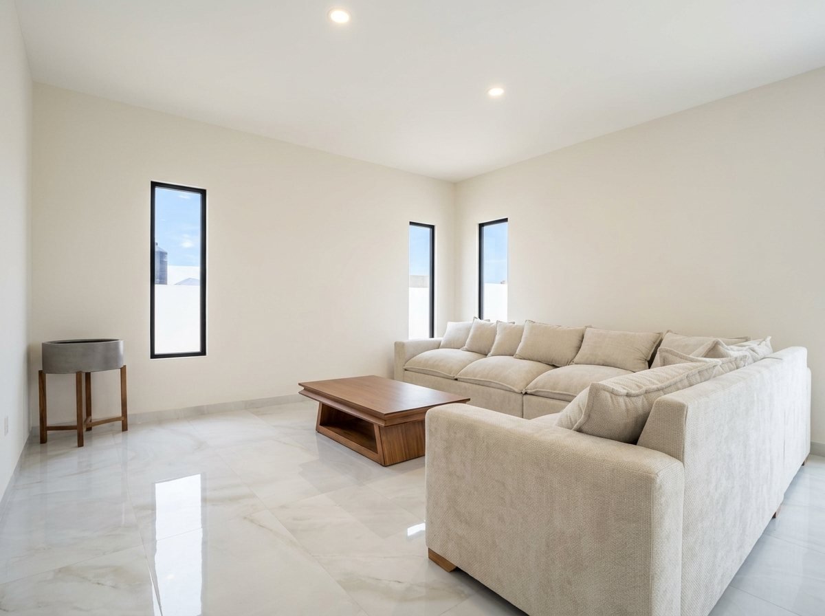 Living room with marble-look floors