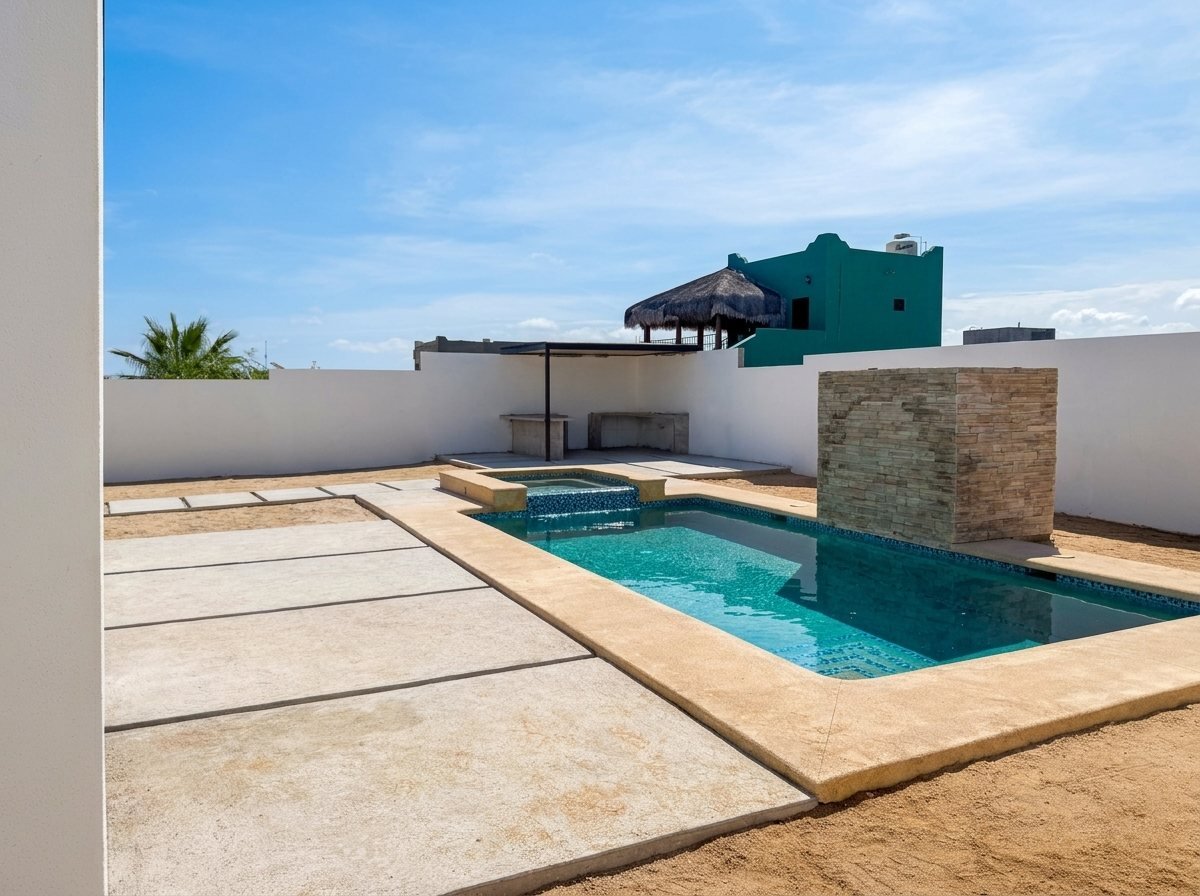 Pool with stone waterfall wall